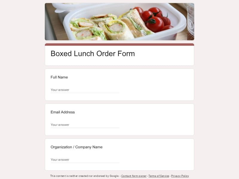 Boxed Lunch Order Form