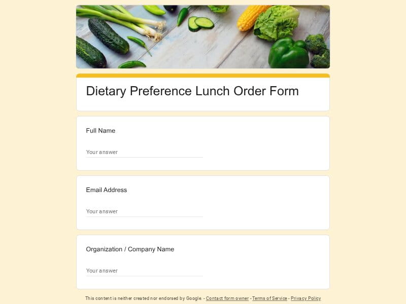 Dietary Preference Lunch Order Form